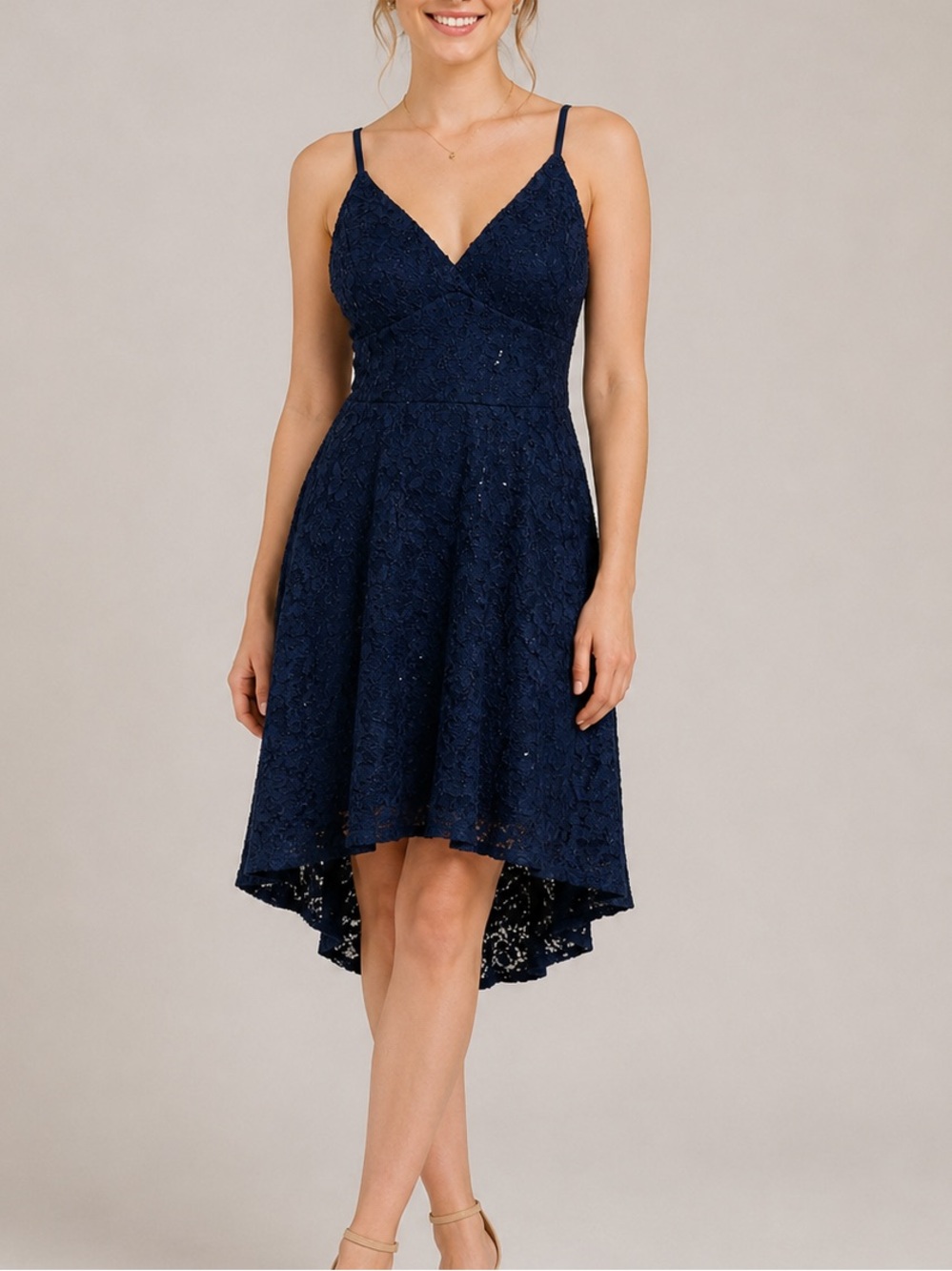 As U Wish Women’s Size L Navy Blue Lace Sequin High Low Dress Cocktail Wedding